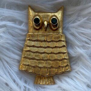 Vintage Avon Gold-Tone Owl Brooch Green Rhinestone Eyes Unique Perfume Storage